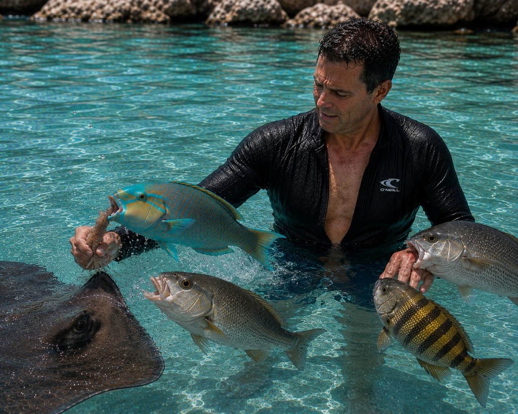 Four fish attacking my fingers and stealing the squid. The poor sting ray isn’t getting any.