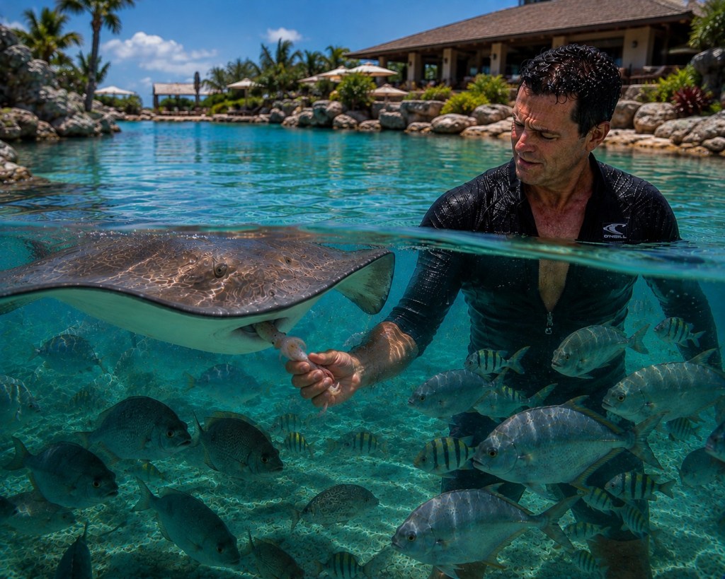 Me standing in water reaching up to the sting rays mouth holding a squid in my hand.