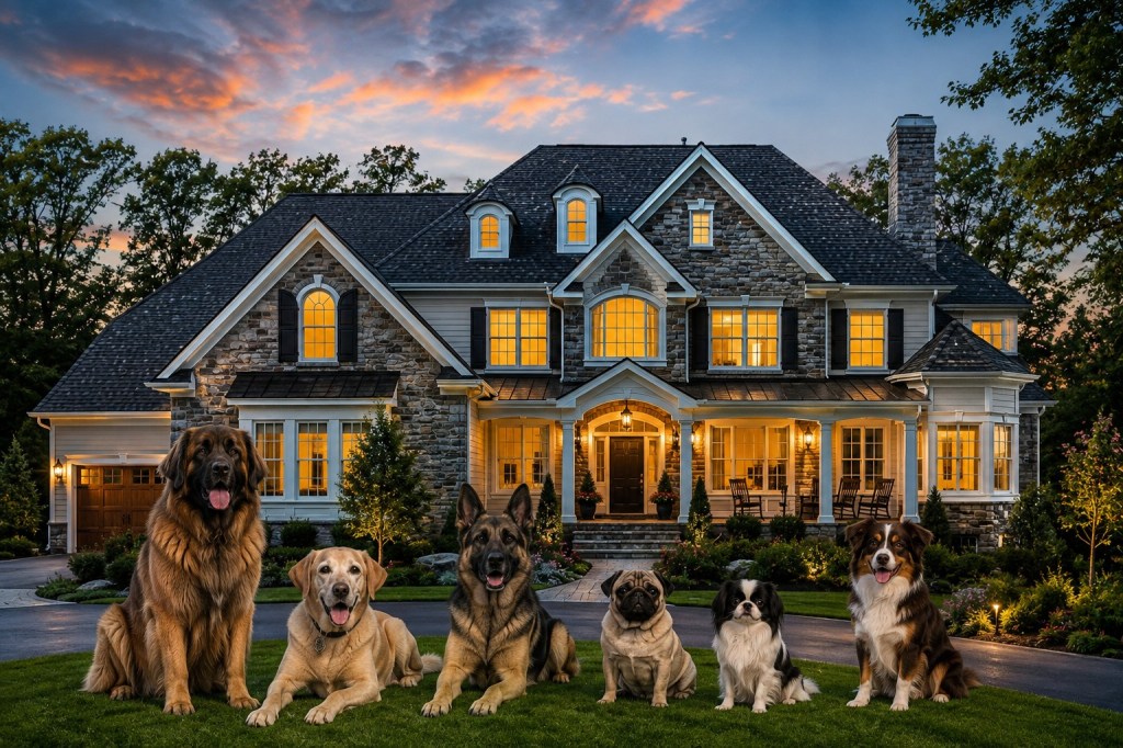 A two story house with six dogs in front. From the left to right, a Leonberger dog, a Labrador, a German Shepherd, a Pug, a Japanese Chin, and finally a mini-Australian Shepherd.