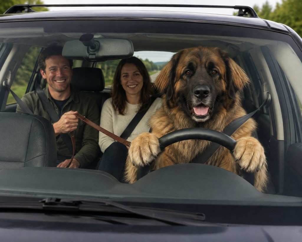 This AI generated picture shows two people sitting in the back seat of a car. A Leonberger is driving the car, and the man is holding a leash to the dog.