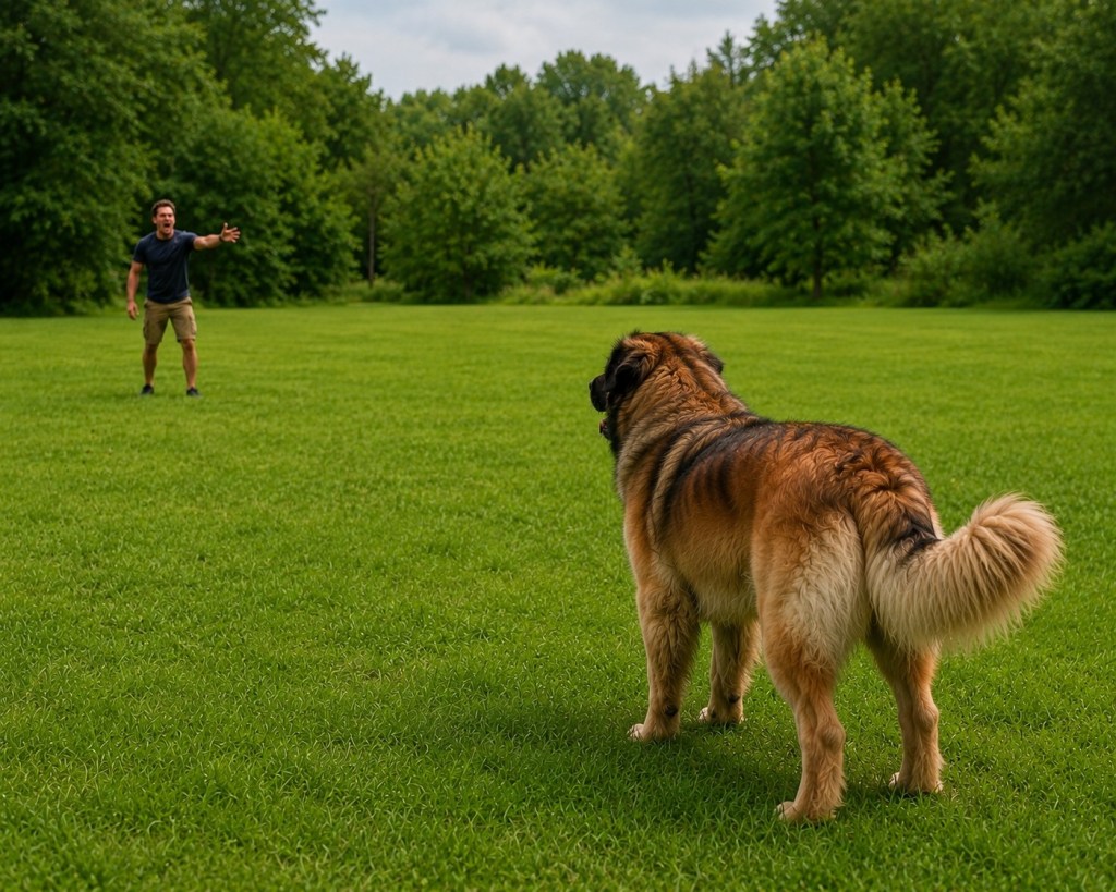 The man and the Leonberger dog are standing on grass at a distance from each other (about 100 yards). The man is shouting at the Leonberger who is looking at the man.