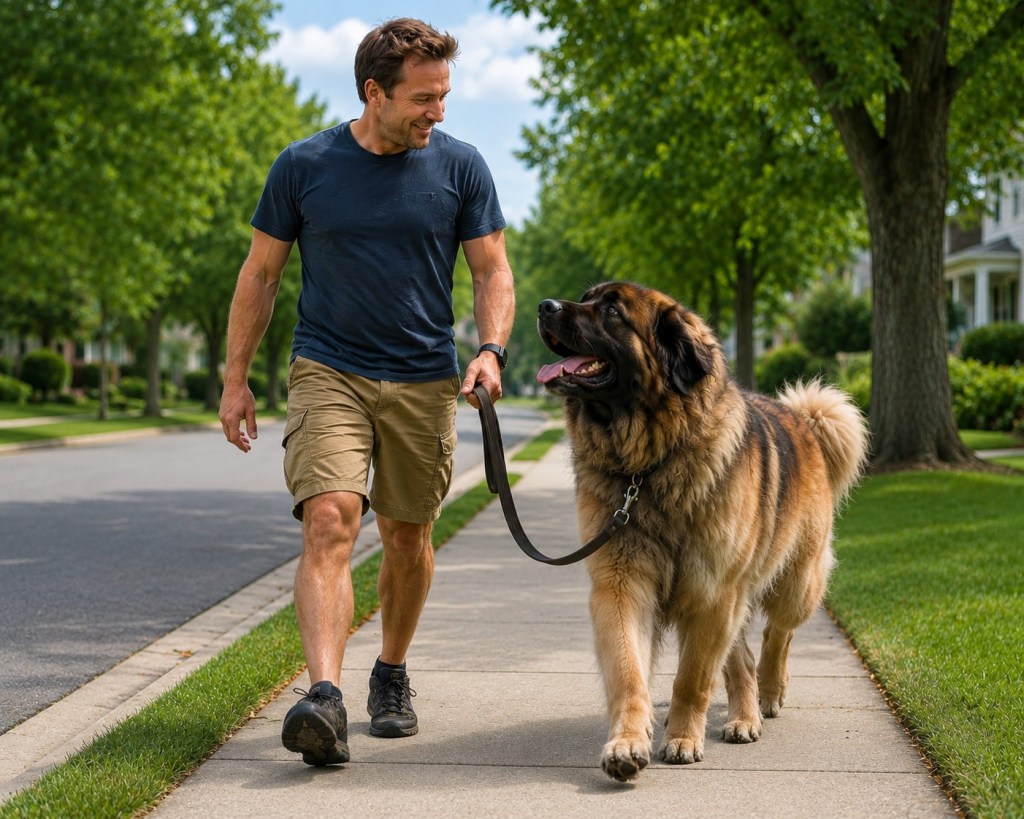 A man and a Leonberger are walking together on the sidewalk. This time the Leonberger dog is leashed.