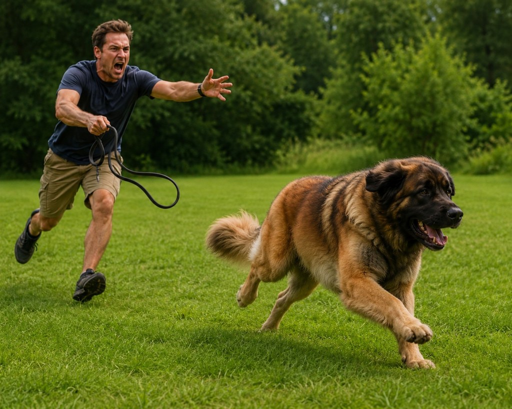A man is holding a leash and running after a Leonberger dog. They are running on green grass. The man is shouting.