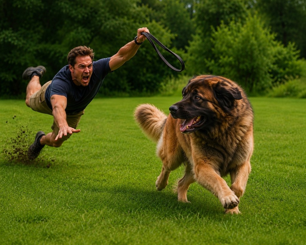 A man is holding a leash and running after a Leonberger dog. They are running on green grass. The man is falling.