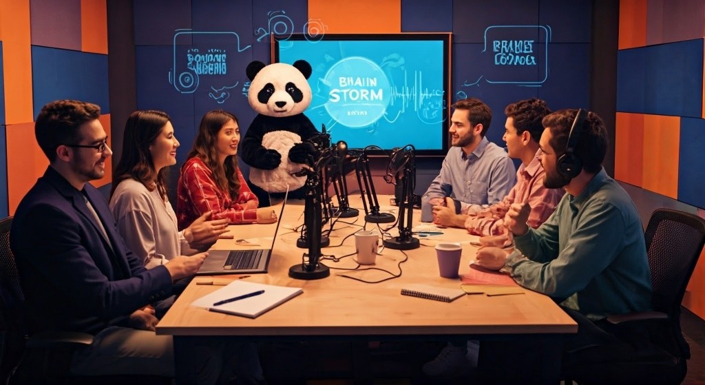 This AI generated picture feature six people around a table, a large TV and standing Panda leading the session.
