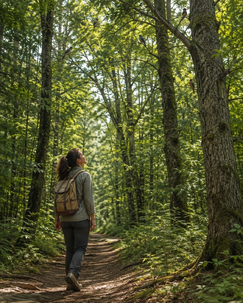 A woman is walking through a forest looking at trees.