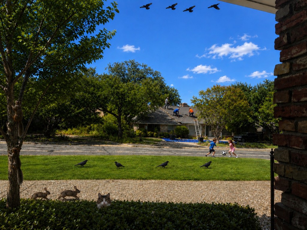To the previous AI generated picture of our front lawn I added workers repairing shingles on roof tops, children playing, squirrels climbing the tree, a cat sticking out its head, and rabbits.