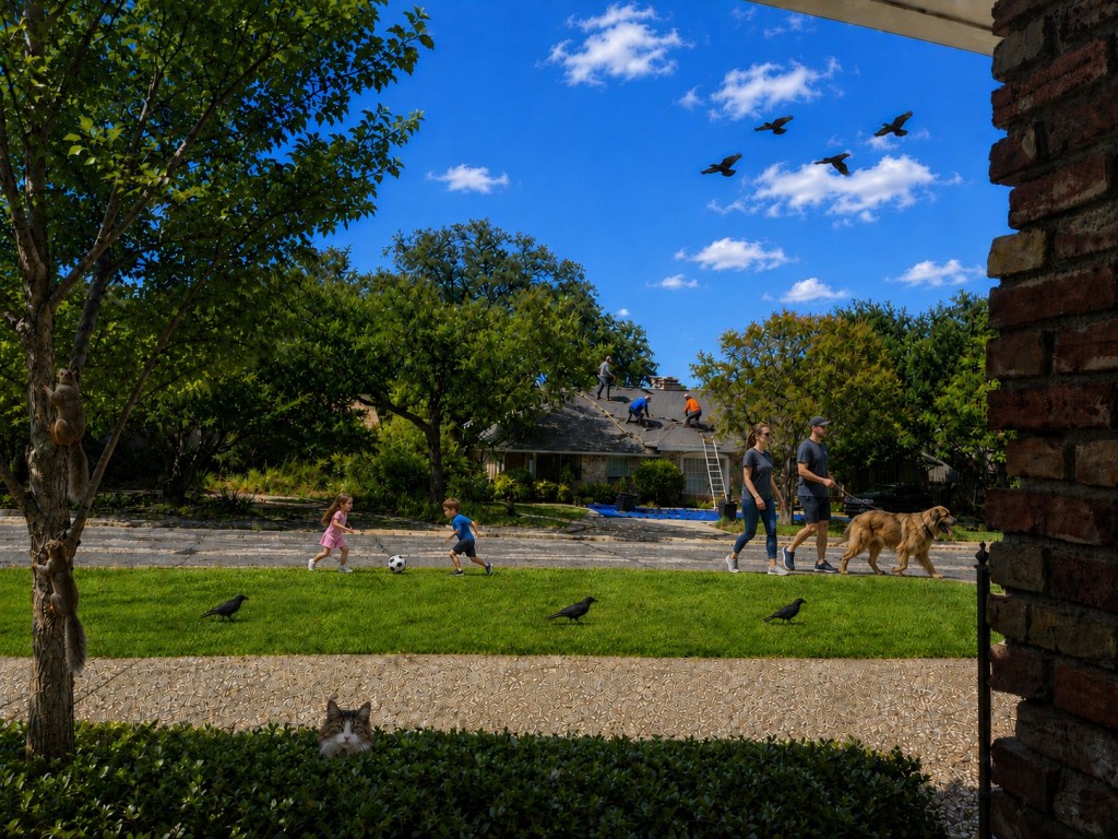 I generated this picture with the help of ChatGPT. I used the previous picture of our front lawn but removed th woman and man walking by the house. Instead, I added two people walking a Leonberger dog with on leash.
