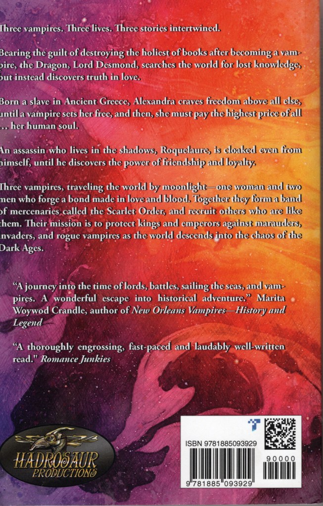 The back cover features the description of the book on a background of red and what looks like blood flowing.