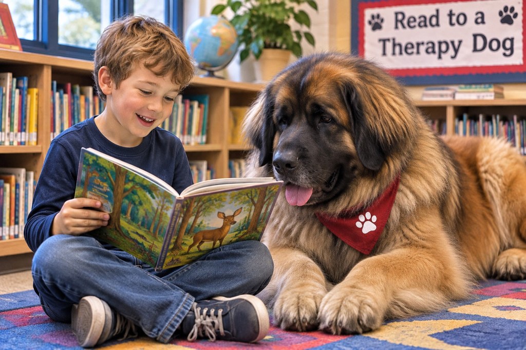A boy sits with a Leonberger Therapy Dog, and he reads a children’s book to the dog.