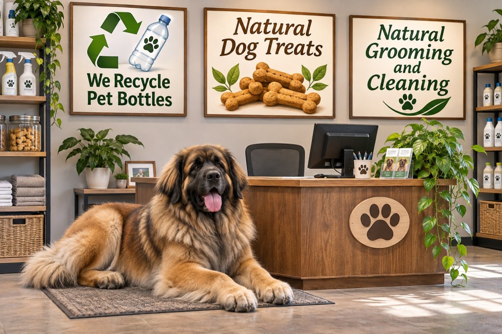 The picture shows a pet business office with a Leonberger inside it. There are three signs stating, "we recycle pet bottles", "natural dog treats" and "natural grooming and cleaning"
