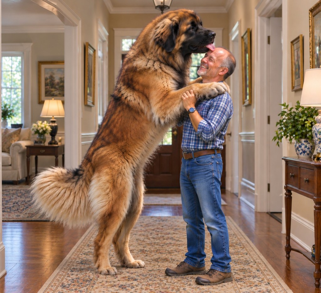 A Leonberger dog is putting his paws on a short man’s shoulders while licking his face.