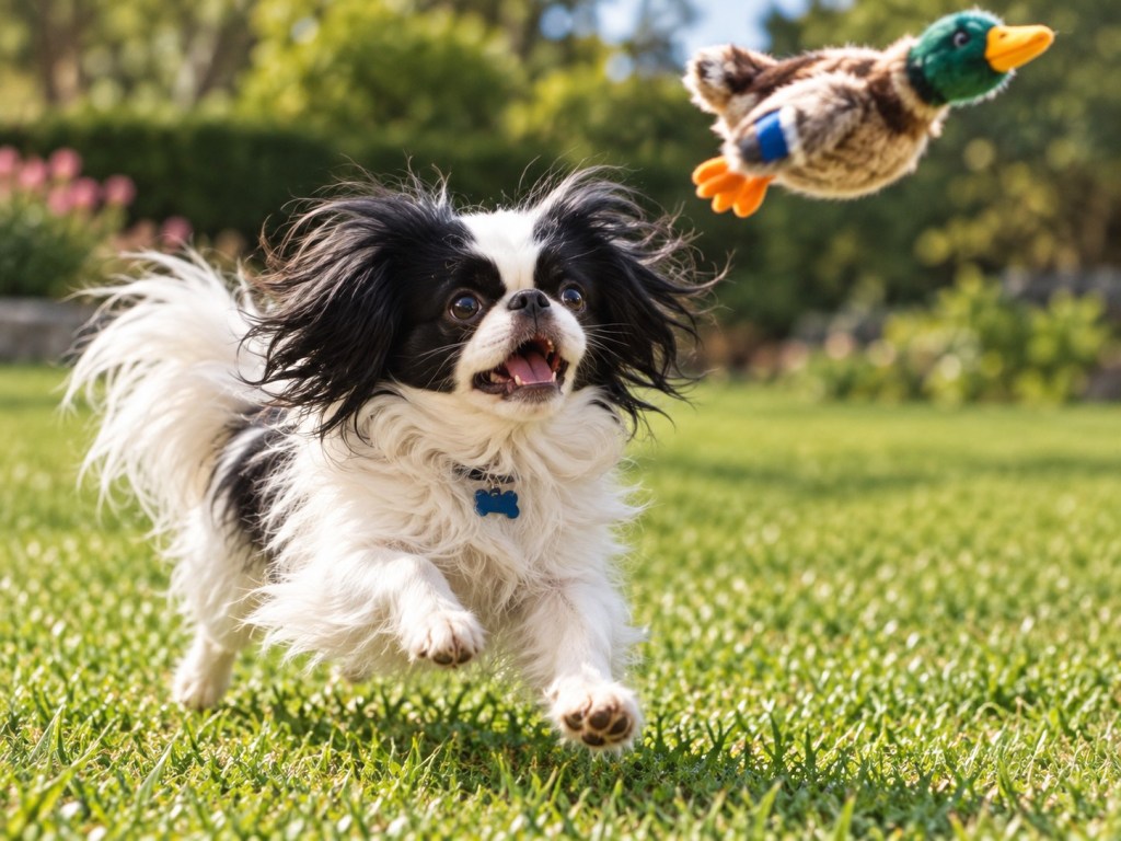 Black and white Japanese Chin running to catch a thrown toy duck.