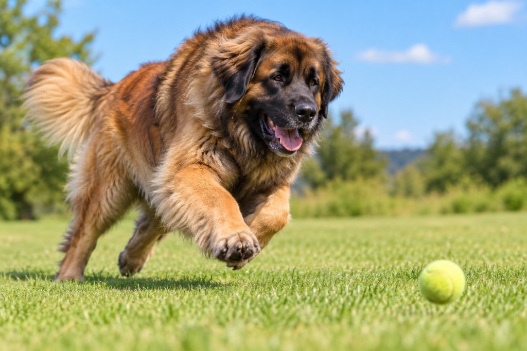 The picture shows a Leonberger running on grass chasing a green tennis ball.
