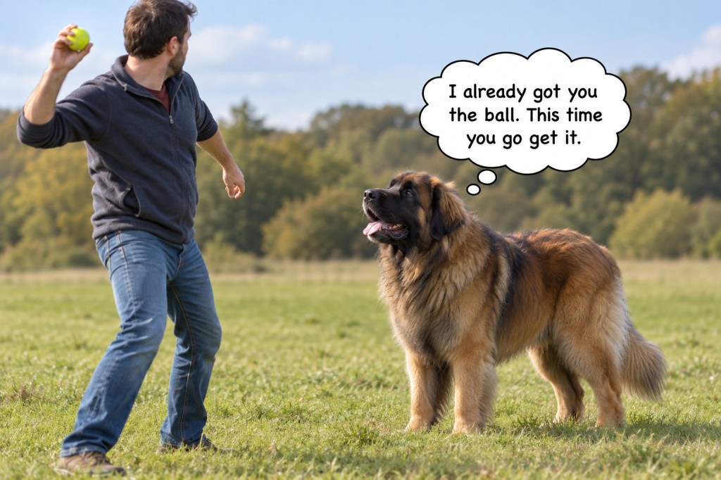 The picture shows a man who is throwing a tennis ball in a field. A Leonberger dog is standing there looking at him. A thought bubble above the Leonberger's head says "I already got you the ball. This time you go get it."