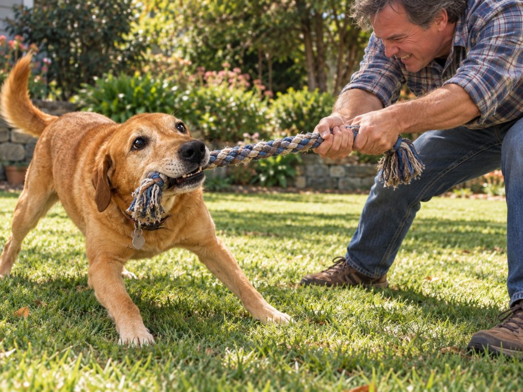 Yellow lab grabbing a thick rope with his jaws as a man on the right is pulling hard.