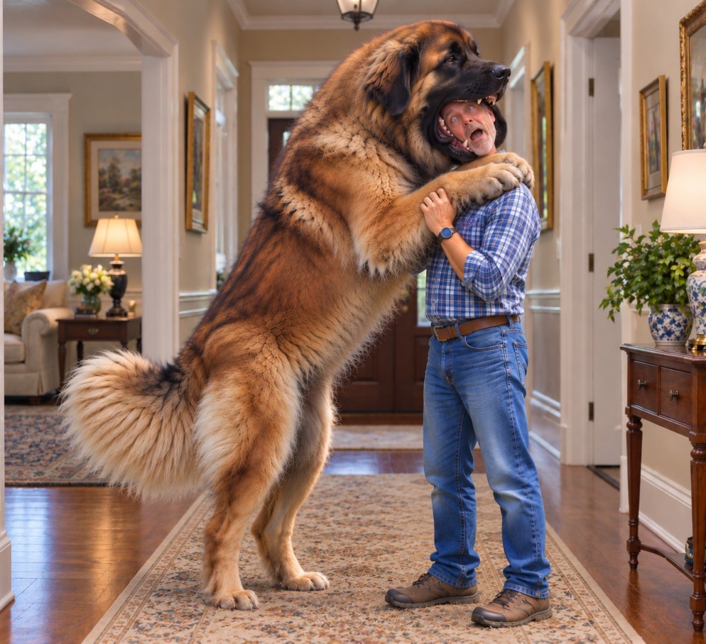 A Leonberger dog is putting his paws on a short man’s shoulders while opening his mouth big and putting the man’s head in his mouth.