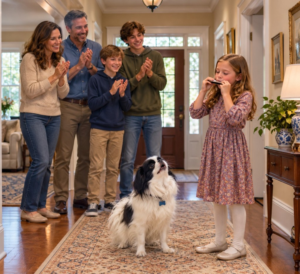 The picture shows the same hallway as above. However, in this case there is Japanese Chin howling, a girl playing the harmonica and a family of four standing in the background clapping their hands.