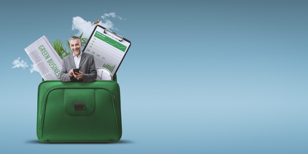 Corporate businessman, financial chart, plants and newspaper in a briefcase: green business and sustainability concept.
