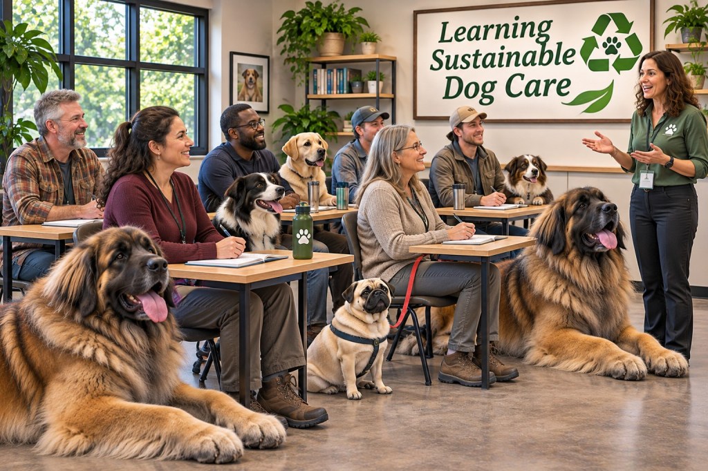 The picture shows a female teacher talking to a class of three women and three men all of them having dogs of various kinds including two Leonbergers. Behind the teacher there is a sign saying "learning sustainable dog care"